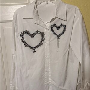 White Shirt with Heart Embellishments